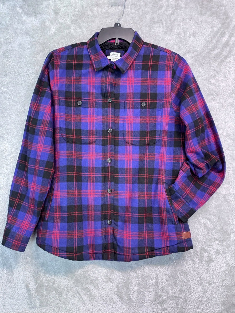 Women's L.L. Bean Relaxed-Fit Plaid Flannel Purple Blue Shirt Shacket Size M